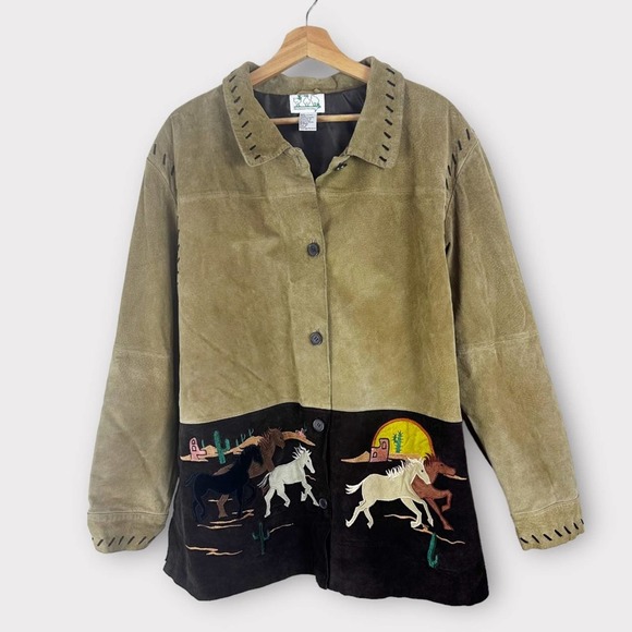 Quacker Factory Jackets & Blazers - Vintage The Quaker Factory Tan Suede Leather Jacket Embroidered Horses Size 2X